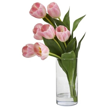 NEARLY NATURALS Tulip Artificial Arrangement in Cylinder Vase - Pink 1574-PK